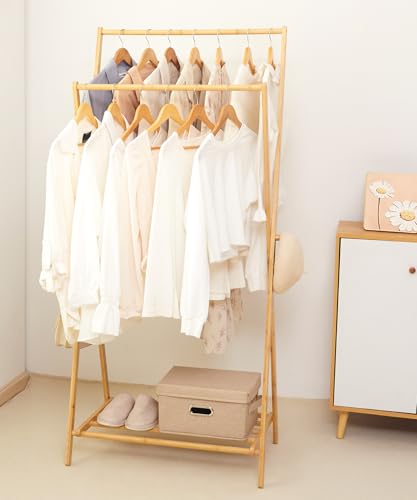 Bamboo Clothes Rack with Storage Shelf, Foldable Garment Rack V713923