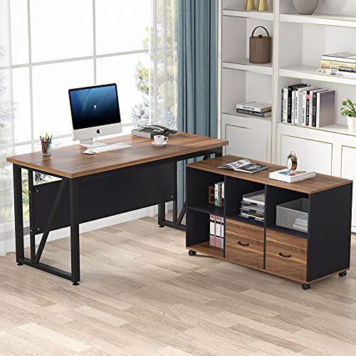Executive Desk with Lateral File Cabinet, L-Shaped Computer Desk with Drawers and Shelves J291244