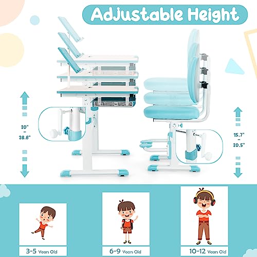 Kids Desk and Chair Set, Height-Adjustable Study Desk with Tiltable Desktop, Ergonomic Chair V578