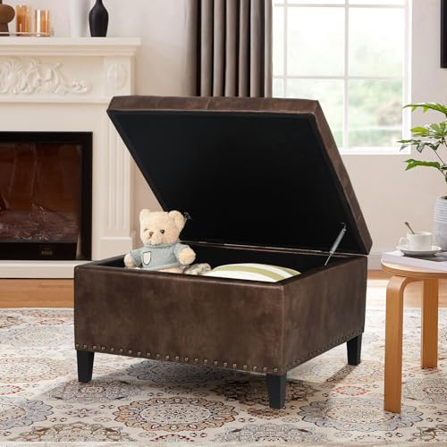 Square Storage Ottoman Coffee Table with Upholstered Lid, Dark Gray C100