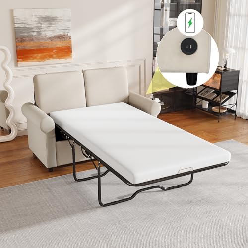 57.4" Pull Out Sofa Bed,Sleeper Sofa Bed with Premium Twin Size Mattress Pad,2-in-1 Pull Out Couch Bed with Two USB Ports for Living Room,Small Apartment, Beige(Old SKU:WF296899) Living Room Furniture