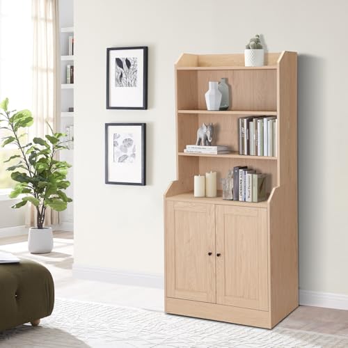 Sideboard Buffet Credenza Storage Cabinet with 3 Drawers and 3 Open Shelves, Natural Oak Q150