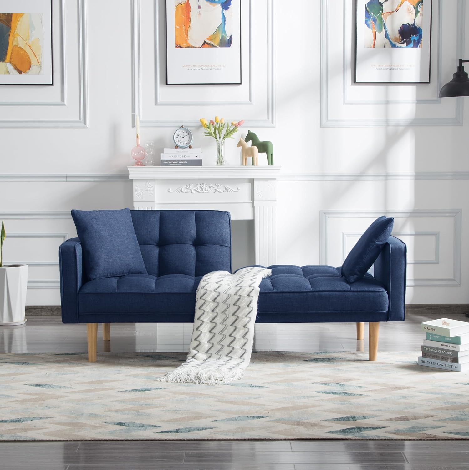 Tufted Futon Sofa Bed with Wooden Legs and 2 Pillows, Navy Blue N268