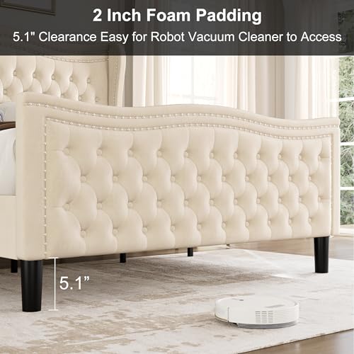 Upholstered Queen Bed Frame with Tall Headboard, Velvet, No Box Spring Needed Y91759