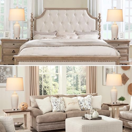 Rustic Bedside Table Lamps Set of 2, Touch Control with USB & AC Outlet V3485