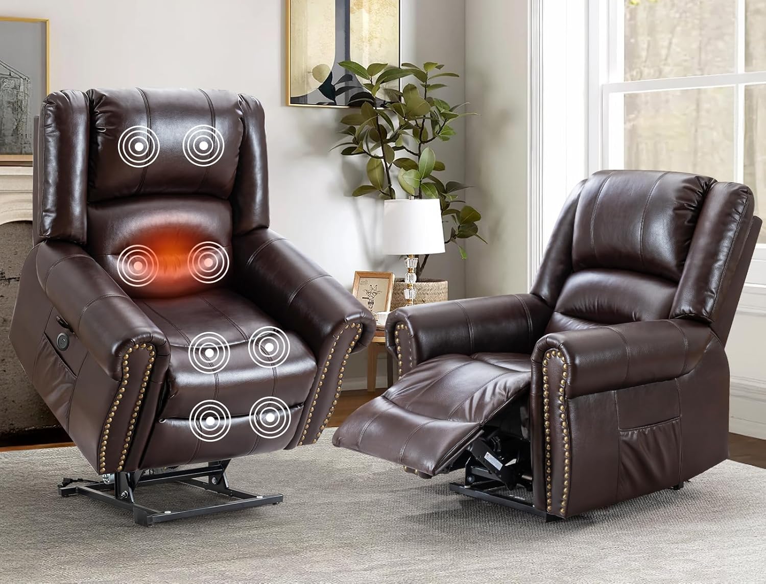 Lay Flat Dual Motor Power Lift Recliner Chair with Massage and Heat for Elderly, Breathable Leather Overstuffed Lift Chairs, Infinite Position Recliner Chairs for Sleeping, 2PCS Brown