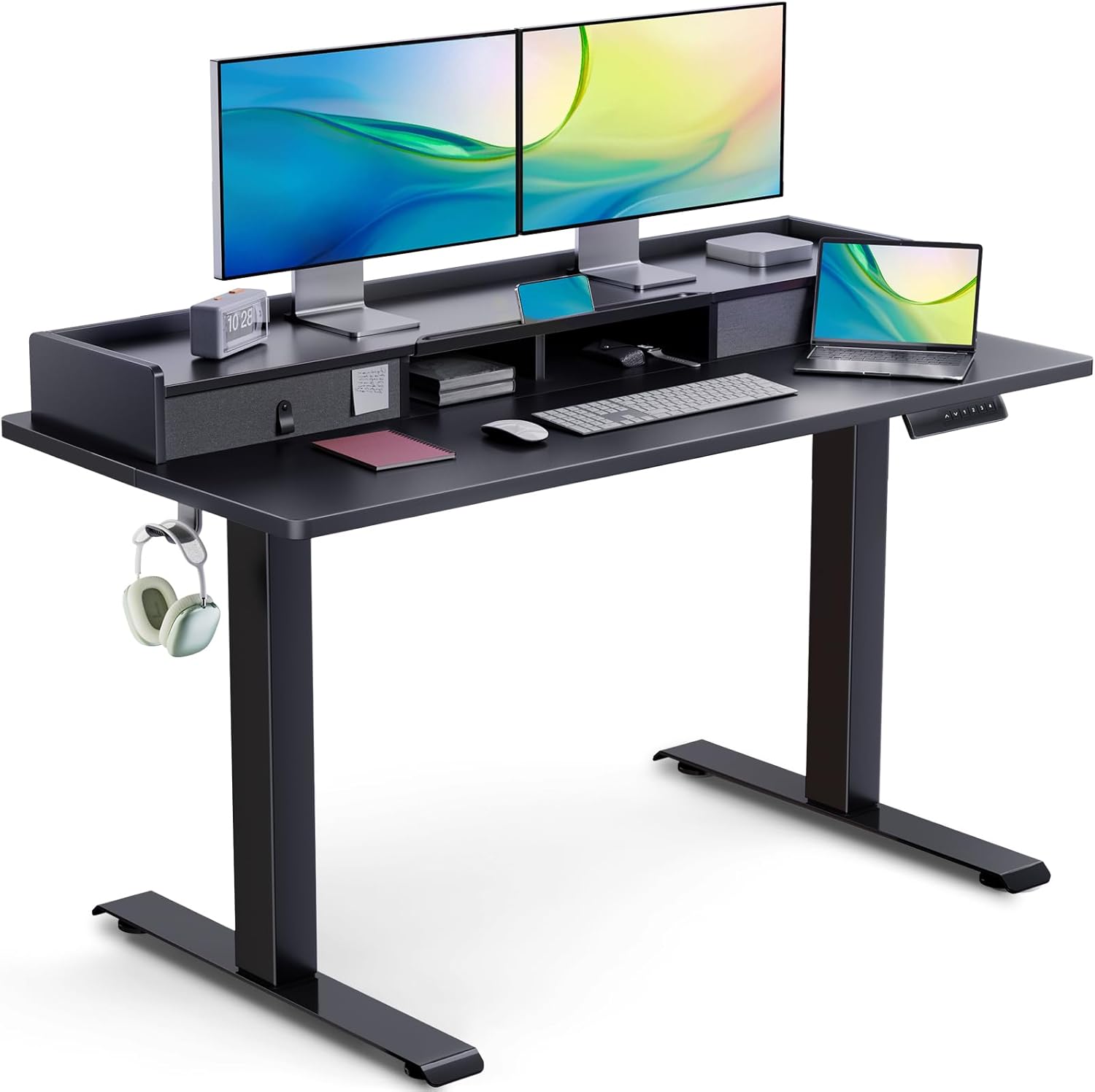 Electric Standing Desk with Dual Drawers, 55 x 24 Inches Height Adjustable Desk with Storage Shelf, Sit Stand Desk with 4 Memory Preset, 2 Storage Hooks, Ideal for Home Office, Black