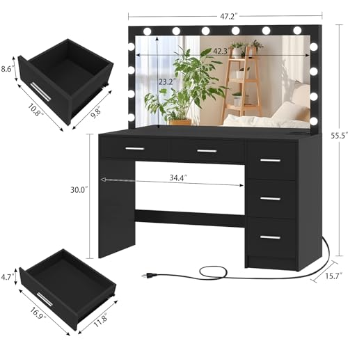 Vanity Desk with Lighted Mirror, 7 Drawers, 3 Lighting Colors, White X572