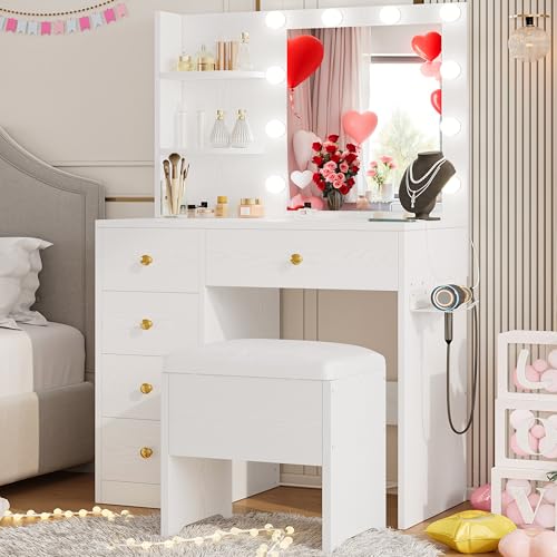 Vanity Desk with Mirror and Lights, 5 Drawers, Power Outlet, Stool C1758