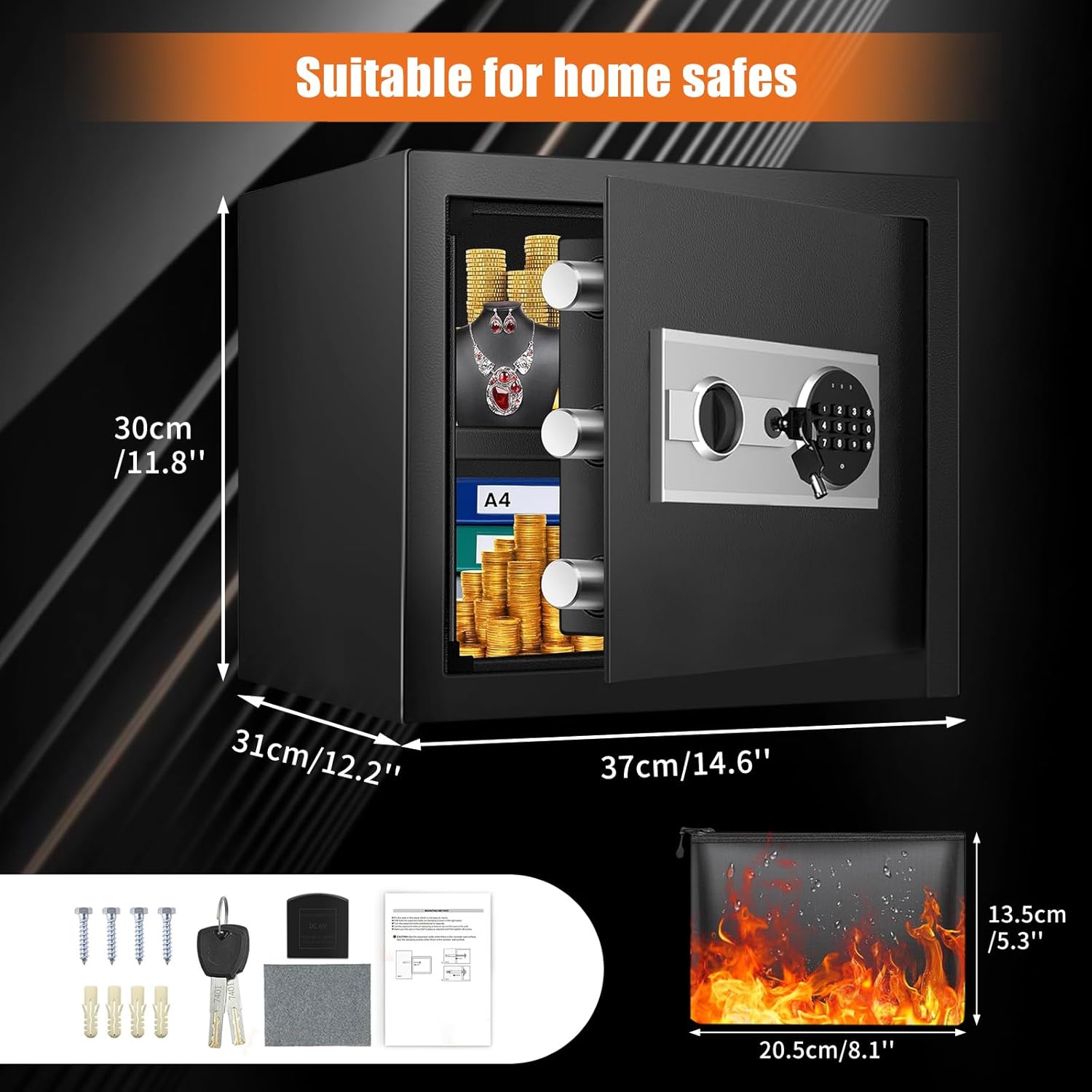 Fireproof Waterproof Home Safe Box with Digital Keypad and Detachable Shelf R518