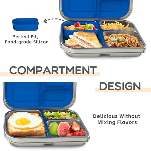 Stainless Steel Kids Bento Lunch Box, 3 Compartments, BPA-Free, Blue B157