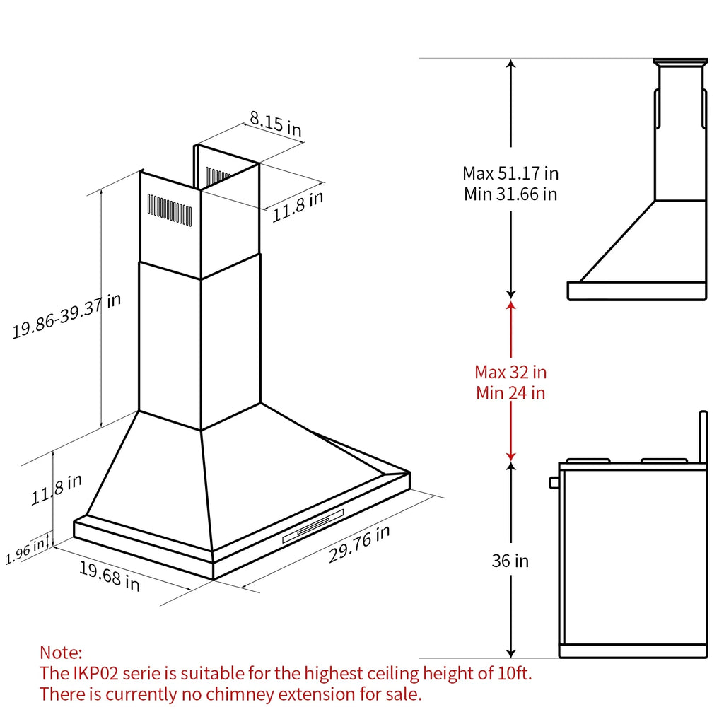 30 inch Black Wall Mount Range Hood, 900 CFM Ducted/Ductless Stainless Steel Vent Hood with Touch Control R7436