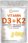 Vitamin D3 5000 IU with K2 100 mcg, 300 Soft-Gels | K2 MK-7 with D3 Vitamin Supplement, 2 in 1 Support Immune, Heart, Joint, Teeth & Bone Health - Easy to Swallow