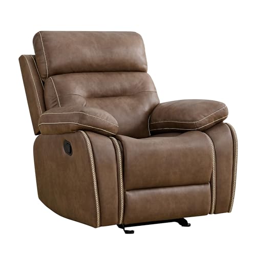 Leather Recliner Chair Manual Sofa Rocker for Adults with Overstuffed Arm for Living Room Bedroom Home Theater Seating, Brown