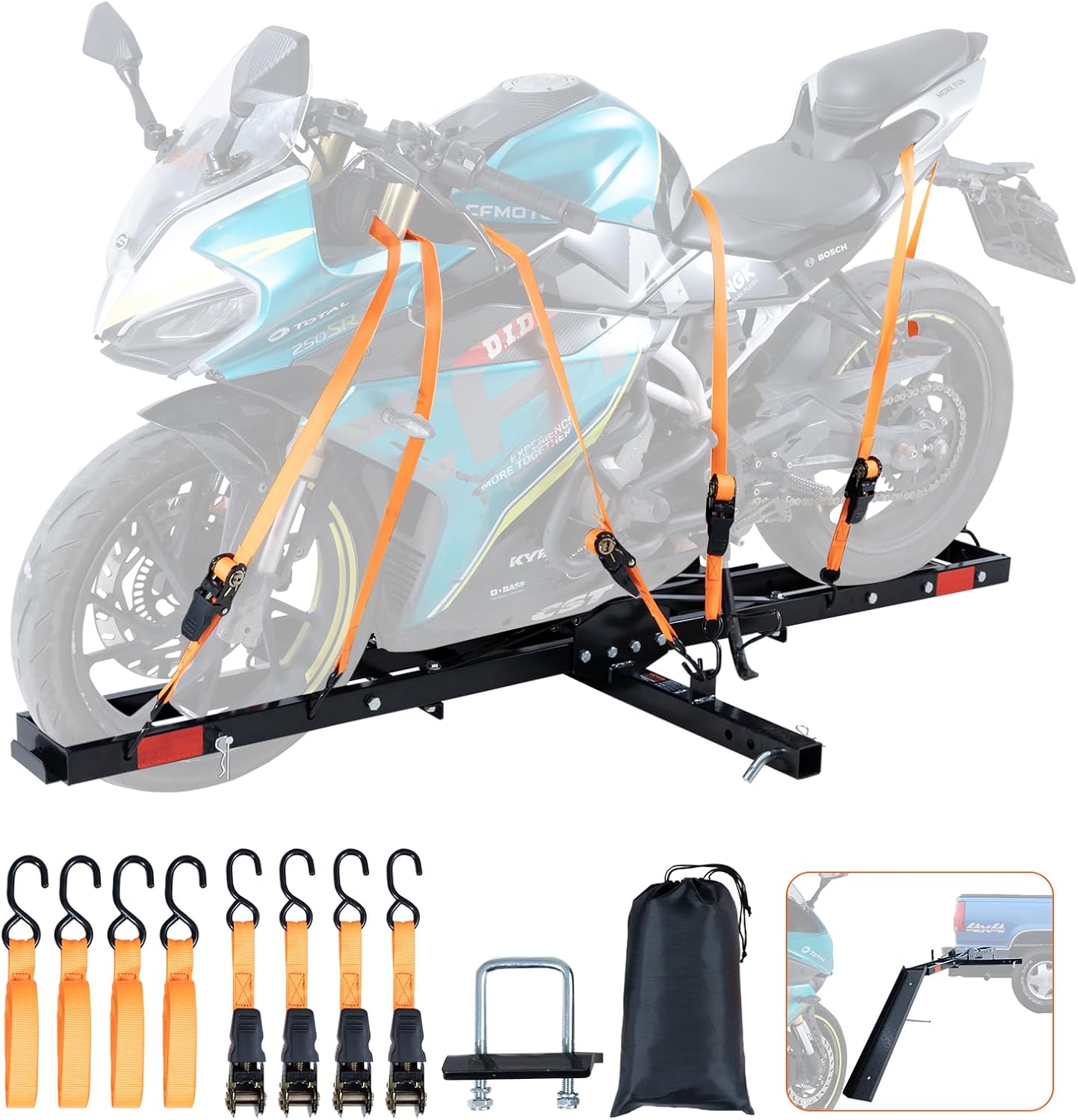 VEVOR Motorcycle Carrier, 600 LBS Steel Motorcycle Carrier Hitch Mount with Loading Ramp, Scooter Dirt Bike Trailer Hauler with Ratchet Straps and Stabilizer, for Car, Truck with 2" Hitch Receiver