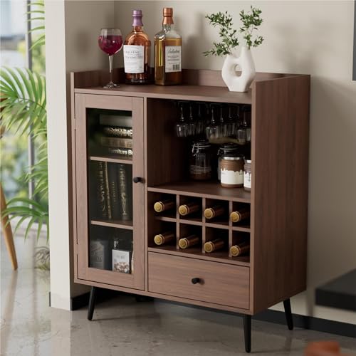 Cozy Castle Coffee Bar Cabinet with Storage, Mid-Century Modern Buffet Sideboard with Acrylic Door, Small Wood Storage Cabinet with Adjustable Shelves, Cupboard for Kitchen, Dining Room, Brown