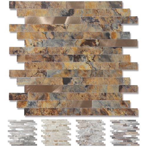Yipscazo 20 Sheets Peel and Stick Stone Metal Tile Backsplash, Stick on Tiles for Backsplash Kitchen, Bathroom, Laundry Room, Camper, Fireplace (12'' X 12'', Perisa)