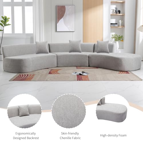 Curved Chenille Sectional Sofa with Three Throw Pillows, Grey I1781