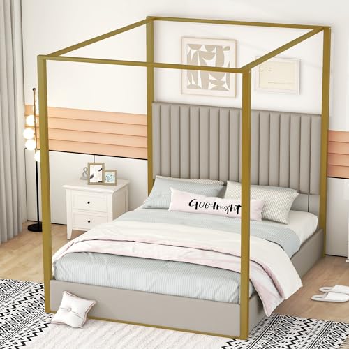 SOFTSEA Upholstery Canopy Platform Bed with Headboard and Metal Frame, Queen Size 4-Poster Canopy Floor Bed Frame for Kids Teens Bedroom, No Box Spring Needed, Beige