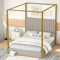 SOFTSEA Upholstery Canopy Platform Bed with Headboard and Metal Frame, Queen Size 4-Poster Canopy Floor Bed Frame for Kids Teens Bedroom, No Box Spring Needed, Beige