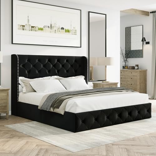 King Size Bed Frame with Storage Drawers and Tufted Headboard Q349