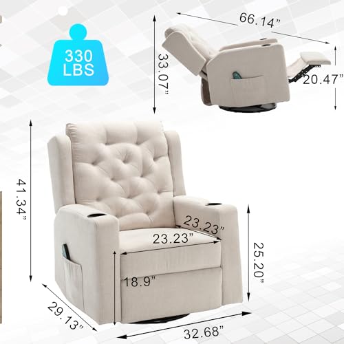 Oversized Swivel Rocker Recliner with Wide Seat Tufted Fabric and Cup Holders K745