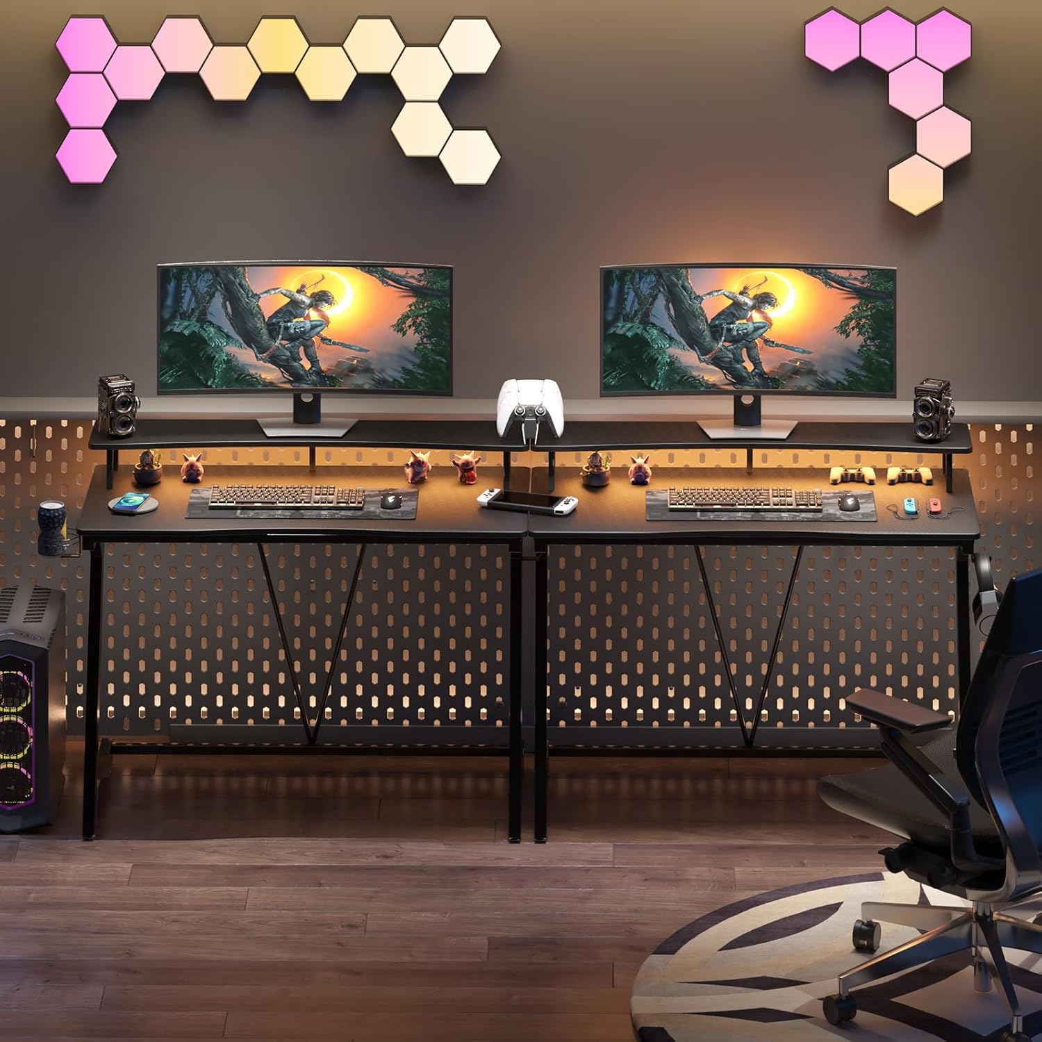 Gaming Desk with Power Outlets & Music Strip Lights, Computer Desk with Monitor Stand N505419