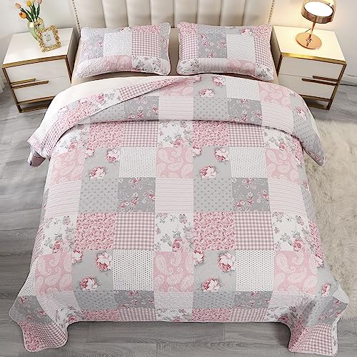 Pink Plaid Patchwork Quilt Set with Reversible Floral Design R1794