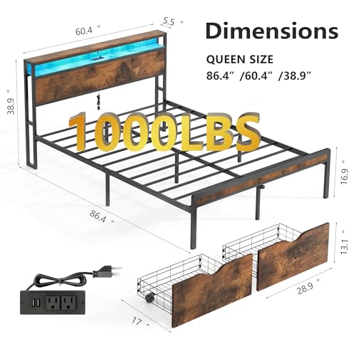 Vintage Brown Bed Frame with LED Light and Charging Station H930800
