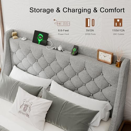 Full Size Upholstered Bed Frame with 4 Storage Drawers and Wingback Headboard I4360