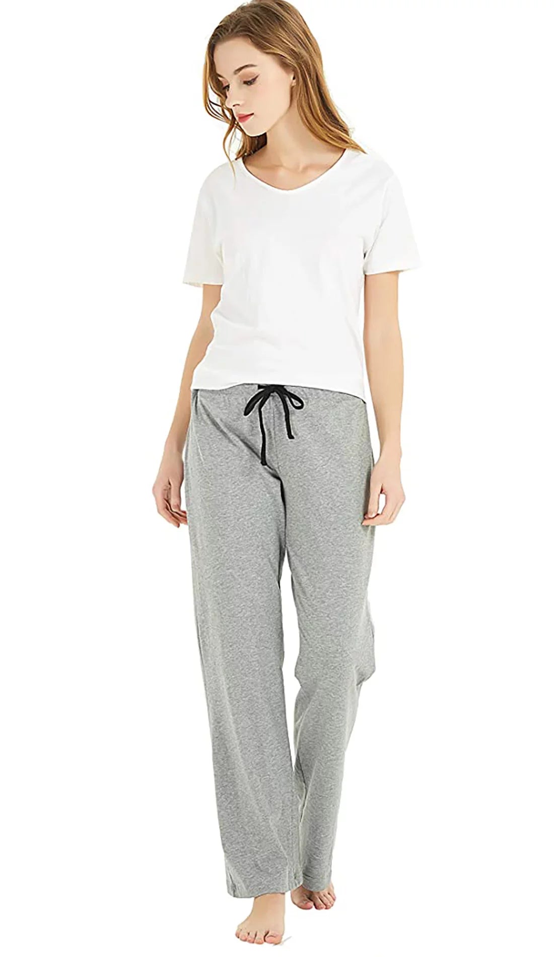 2 Pack Pajama Pants for Women, Soft Lounge Lightweight Sleep Bottoms, Black/Light Grey Mel, L A70779