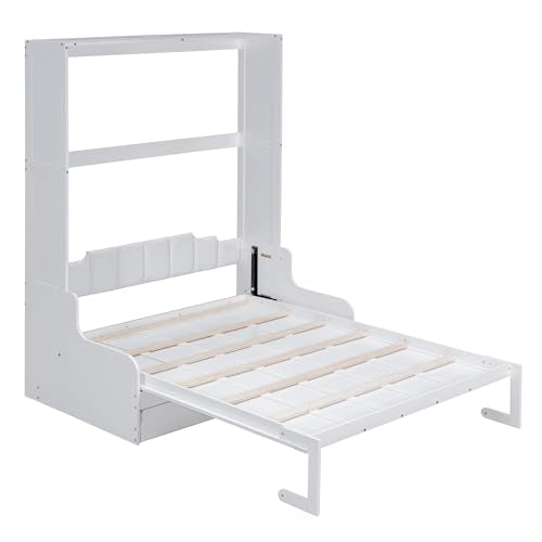 Murphy Bed with Wardrobe, Foldable Wooden Bed Frame with Drawers and Shelves V440