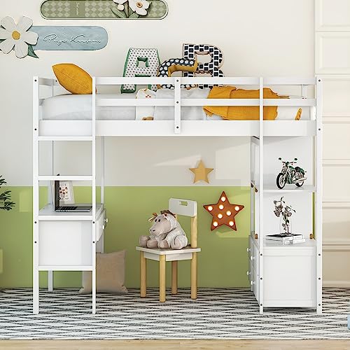 Full Size Loft Bed Frame with Desk and Storage, Solid Wood P683