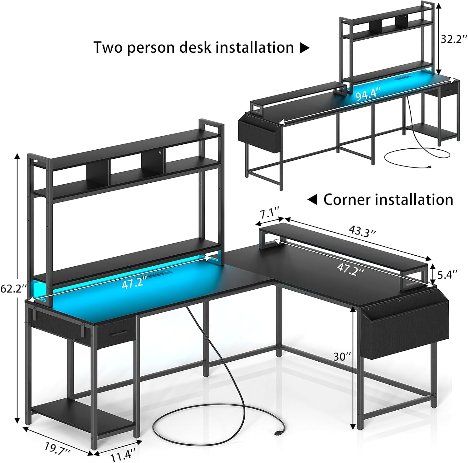 L Shaped Gaming Desk with Monitor Shelf and Power Outlets Q696200