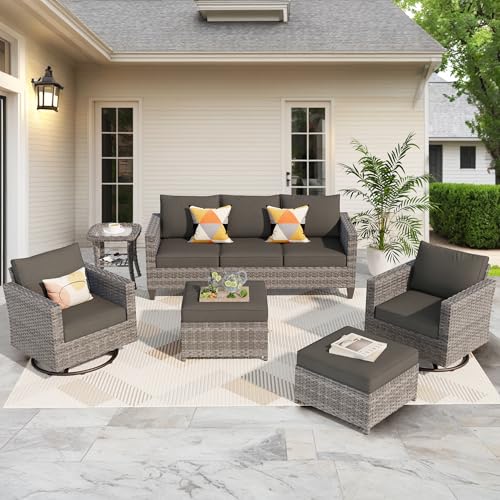 ovios Patio Furniture Set, 6 Piece Outdoor Wicker Sofa with Swivel Rocking Chairs and Comfy Cushions, High Back Rattan Couch Conversation Set, Orange Red