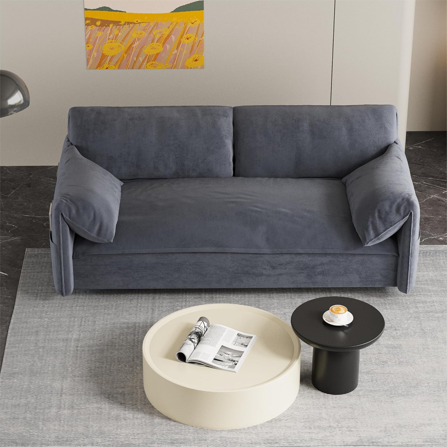 Queen Pull Out Sofa Bed 3-in-1 Convertible Sleeper with 2 Pillows, Velvet Loveseat, Grey J633351