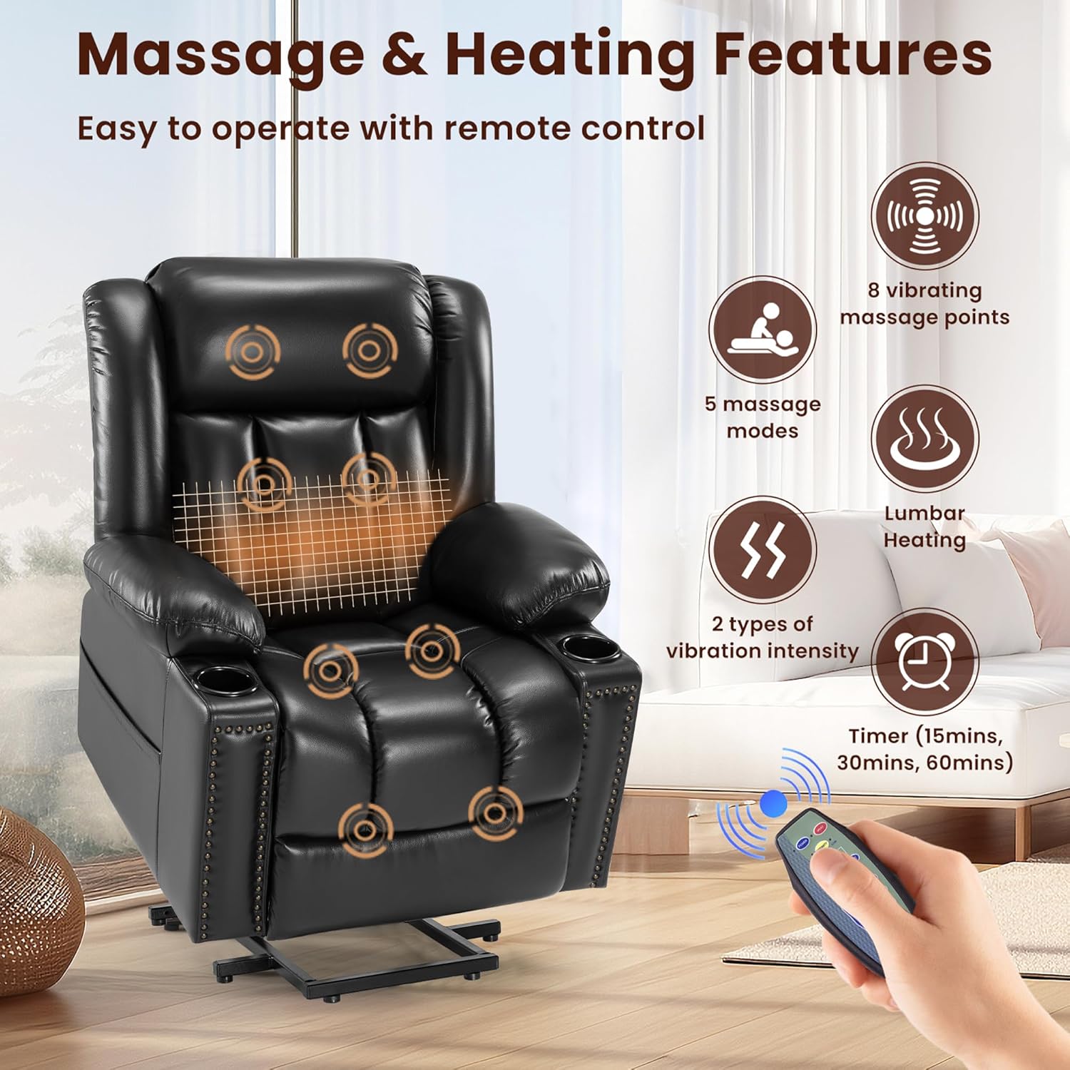 Power Lift Chair Recliner for Elderly with Heat and Massage, Black B20413
