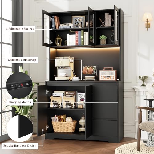 71" Kitchen Pantry Cabinet with LED Lights and Charging Station, Modern Storage and Microwave Stand Q636690