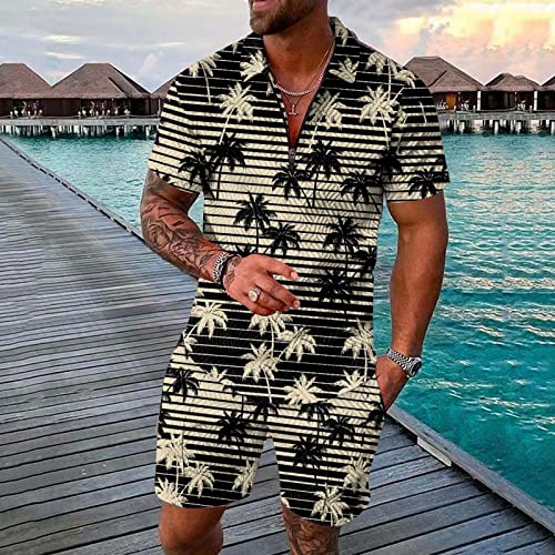 Mens Printed 2 Piece Outfit Set Short Sleeve Shirt and Shorts B8282