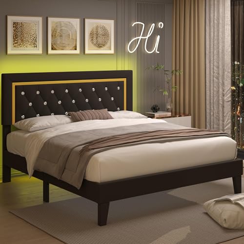 Upholstered Platform Bed Frame with LED Light, Black E225