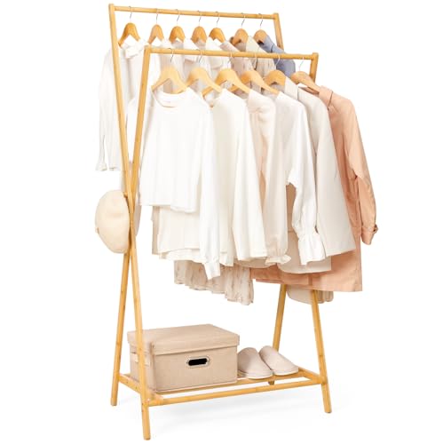 Bamboo Clothes Rack with Storage Shelf, Portable Garment Rack Clothing Racks for Hanging Clothes, Foldable Wardrobe Storage Rack for Entryway and Bed Room (Natural)