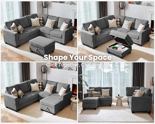 Modular Sectional Couch, Corduroy L Shaped Sleeper Sofa with Storage Ottoman W472