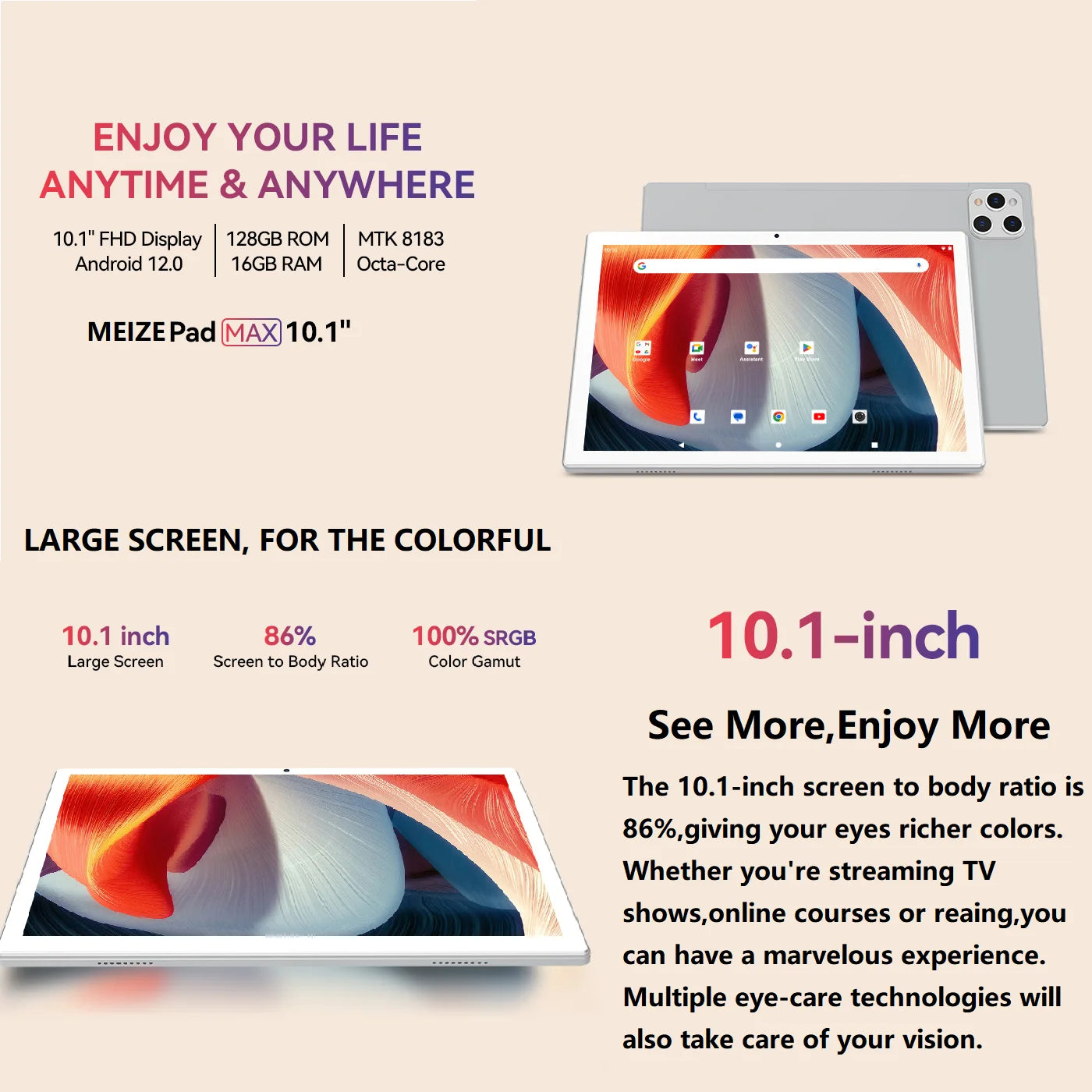 10.1 inch Android Tablet with 128GB Storage, White N558847