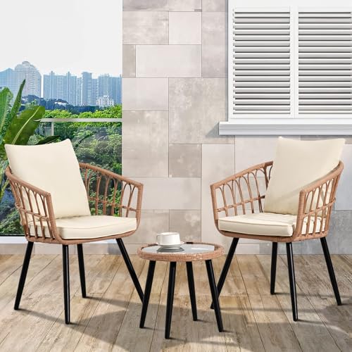 Patio Bistro Set, Outdoor Wicker Table and 2 Chairs with Cushions Y870346