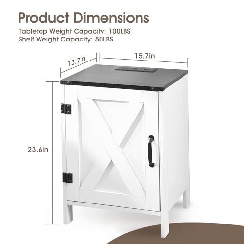 Farmhouse Nightstands Set of 2 with Charging Station, Rustic Bedside Table with Storage, White E21715