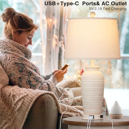 Rustic Bedside Table Lamps Set of 2, Touch Control with USB & AC Outlet V3485