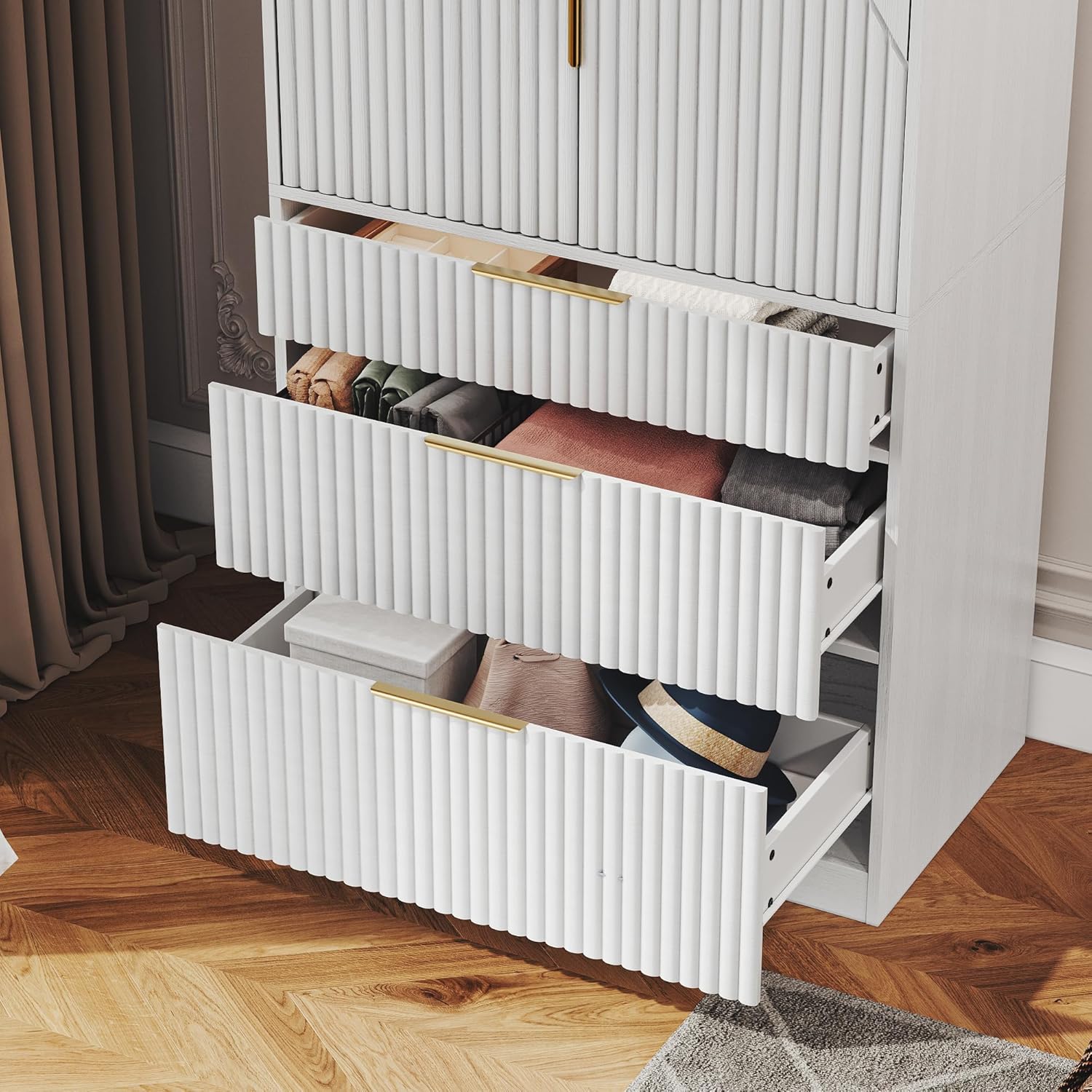 Wooden Wardrobe Armoire with 2 Doors and 3 Drawers, White N102552