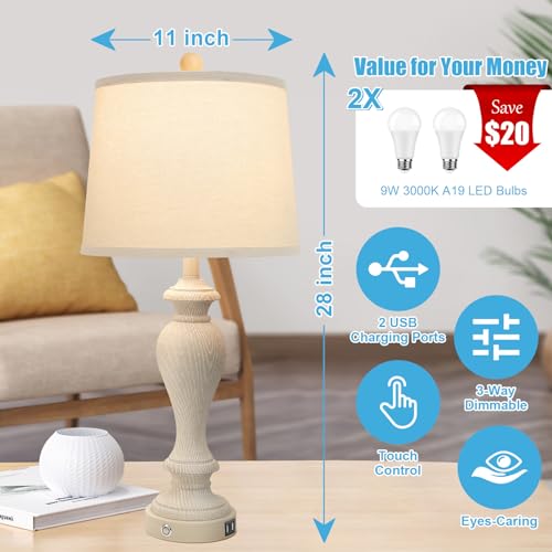 Set of 2 Touch Control Table Lamps, 27" Bedside Lamps with USB Ports, Dimmable K3955
