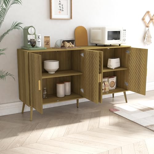 Wood Sideboard Buffet Cabinet with Storage, 4 Doors, Adjustable Shelves R7574