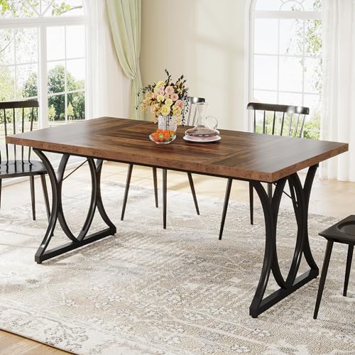 Farmhouse Dining Table for 6, Rectangle Kitchen Table, Brown & Black T4198